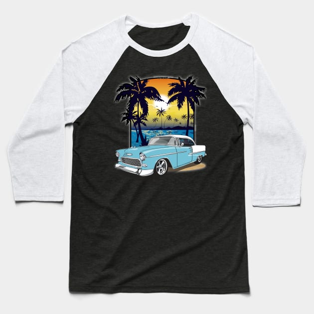 1955 Skyline Blue Chevy Bel Air Beach Print Baseball T-Shirt by RPM-ART